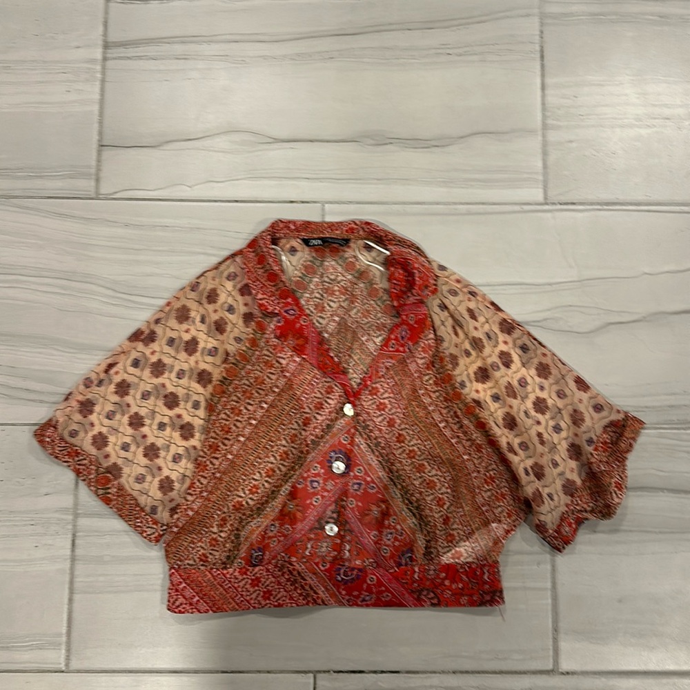 Zara Boho Floral Print Sheer See-Through Crop Top